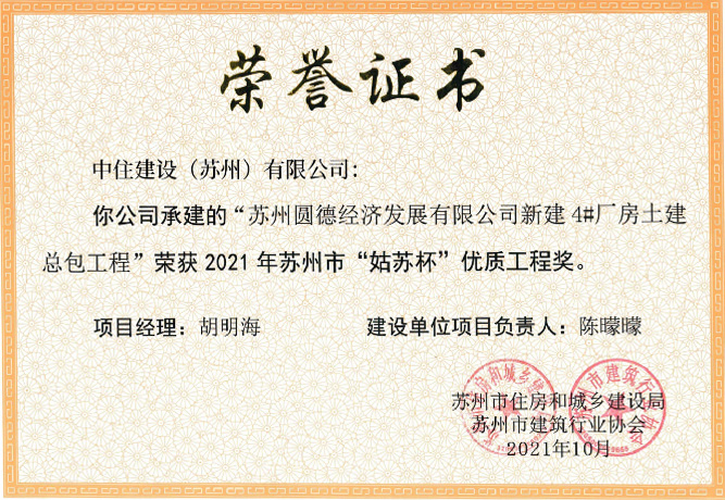榮獲2021年蘇州市“姑蘇杯”優(yōu)質(zhì)工程獎(jiǎng)